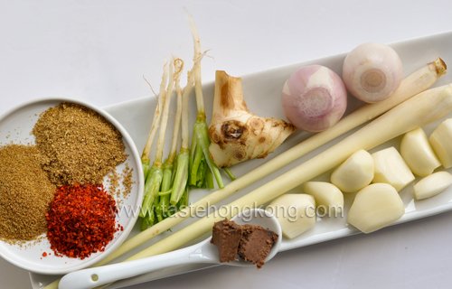 Ingredients for Making Red Curry Coriander Soup with Century Egg and Fish Fillet